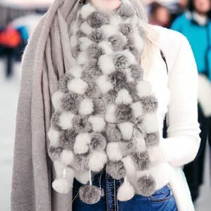 Checker Gray White Pom Pom Tassel Fur Neck Wrap Scarf - NEW